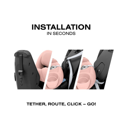 Cybex car seat installation steps showing tethering routing and clicking