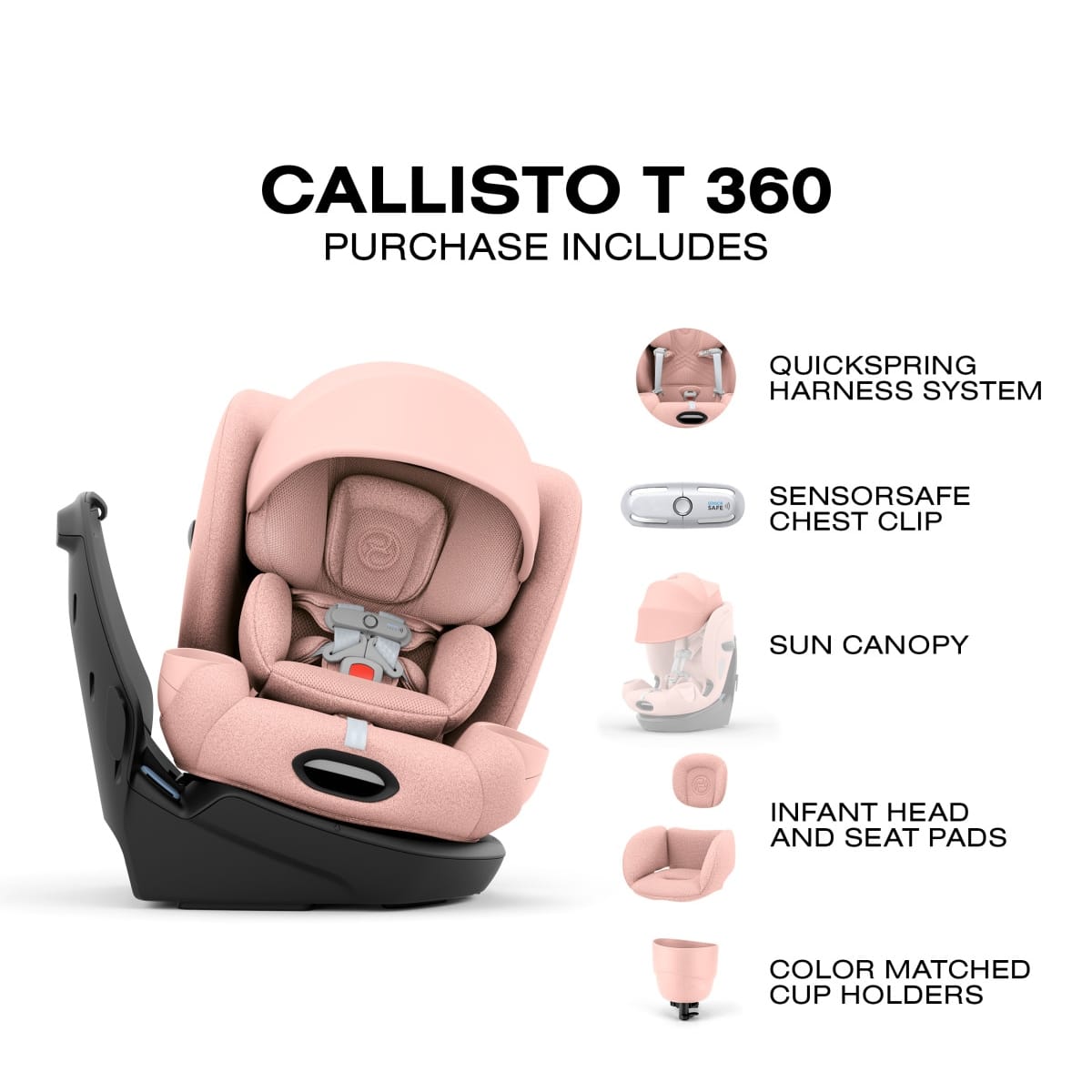 Cybex Callisto T 360 car seat features including harness system, chest clip, canopy, pads, and cup holders