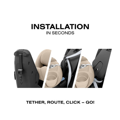 Cybex car seat installation steps showing tethering routing and clicking into place