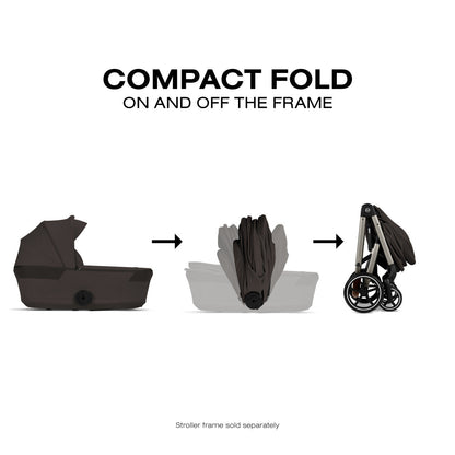 Cybex carry cot showing compact fold mechanism on and off the stroller frame