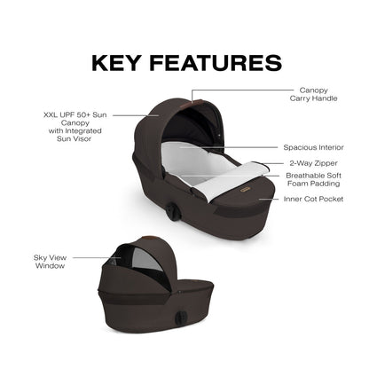 Diagram of Cybex carry cot features including sun canopy, carry handle, interior padding, and sky view window