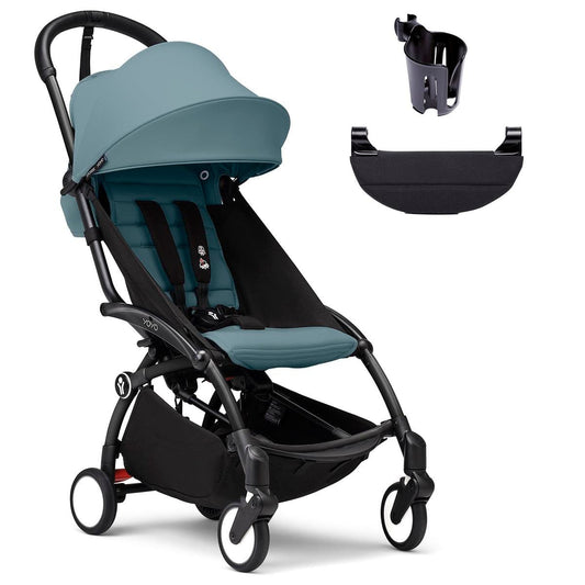 Stokke YOYO3 Ultra Compact 6+ Stroller + Essentials Bundle - Black / Aqua - 653600-655101-646701