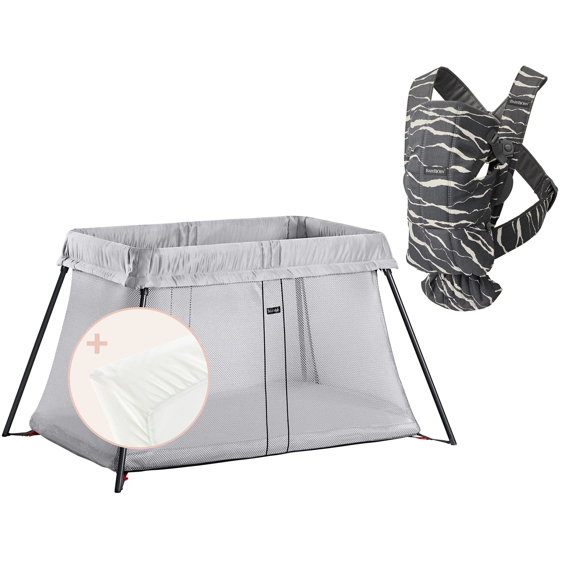 BabyBjörn Travel Crib Light Bundle + Baby Carrier Mini - Silver / Landscape - 640002US-021078US