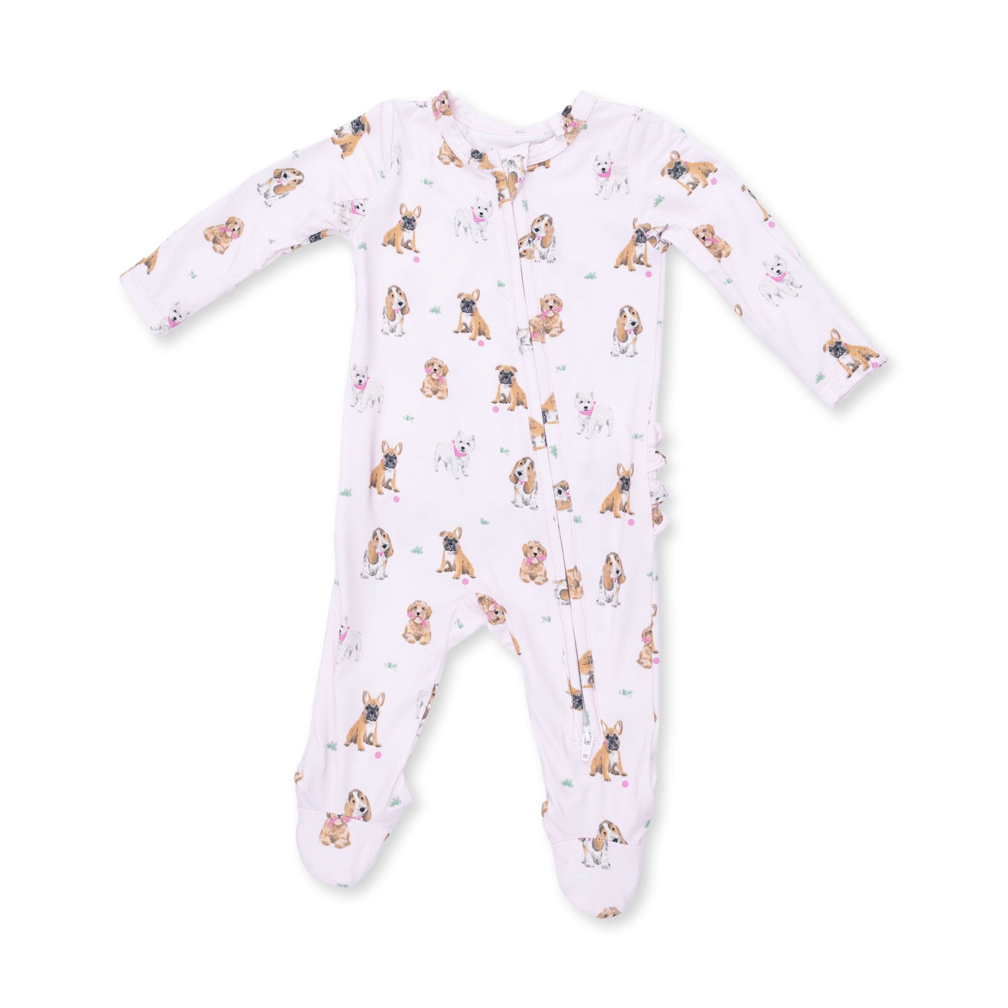 Angel Dear Bestie Dogs Pink 2 Way Ruffle Back Zipper Footie, 0-3M
