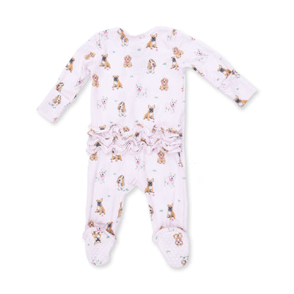 Angel Dear Bestie Dogs Pink 2 Way Ruffle Back Zipper Footie, NB