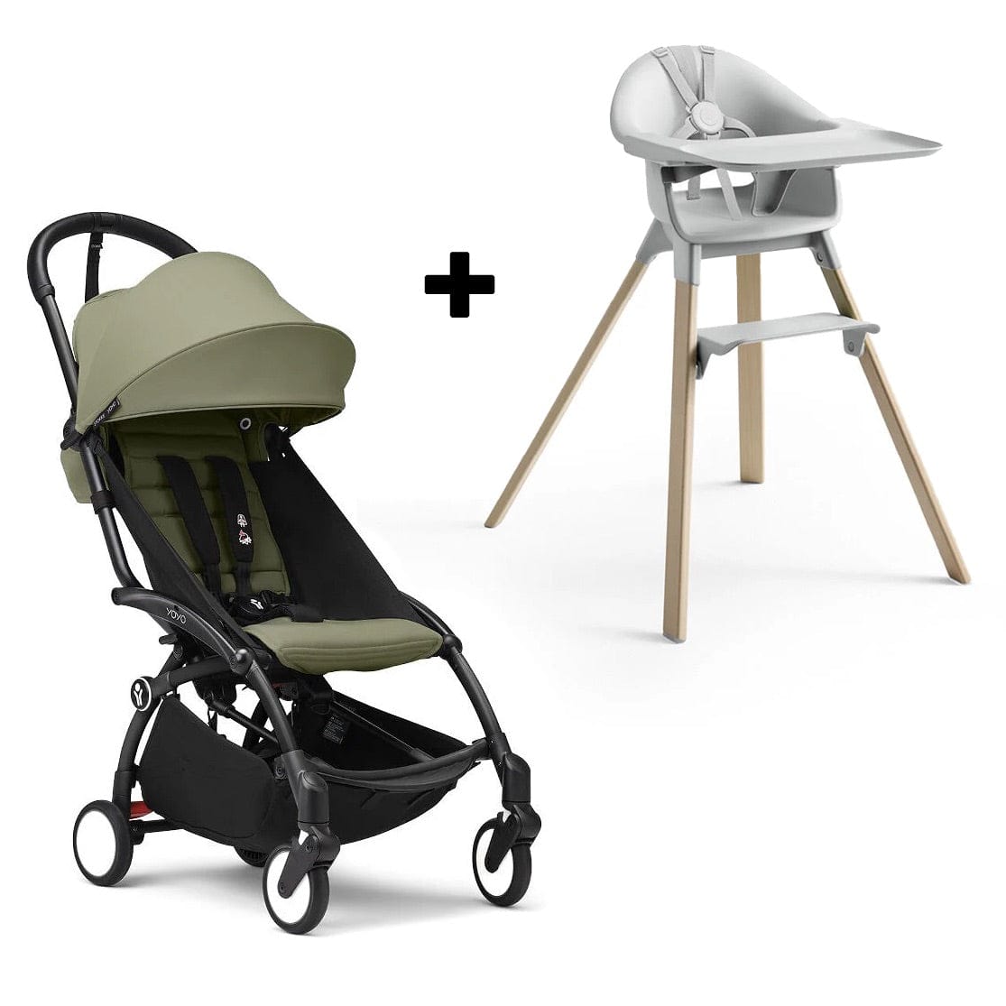 Stokke YOYO3 6+ Stroller + Clikk High Chair Bundle - Black / Olive / Cloud Grey - 653800-552101