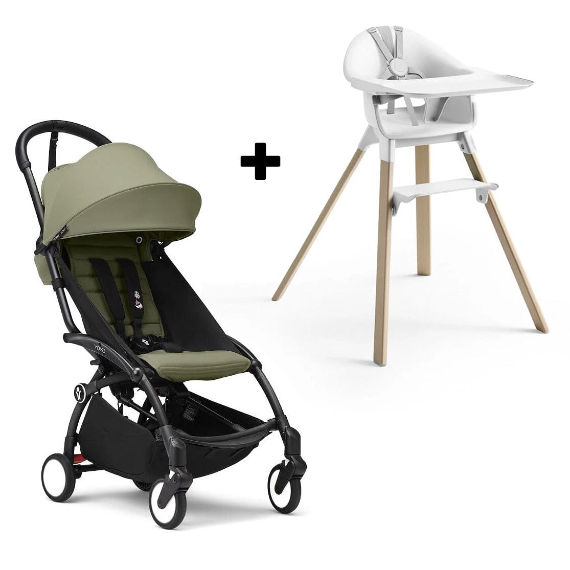 Stokke YOYO3 6+ Stroller + Clikk High Chair Bundle - Black / Olive / White - 653800-552104