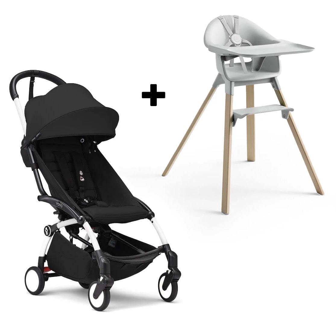 Stokke YOYO3 6+ Stroller + Clikk High Chair Bundle - White / Black / Cloud Grey - 654200-552101