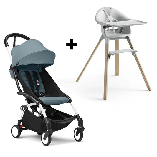 Stokke YOYO3 6+ Stroller + Clikk High Chair Bundle - White / Aqua / Cloud Grey - 654500-552101