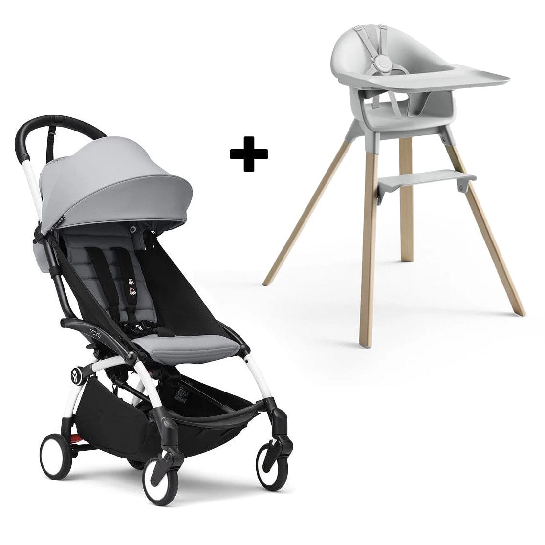 Stokke YOYO3 6+ Stroller + Clikk High Chair Bundle - White / Stone / Cloud Grey - 654600-552101