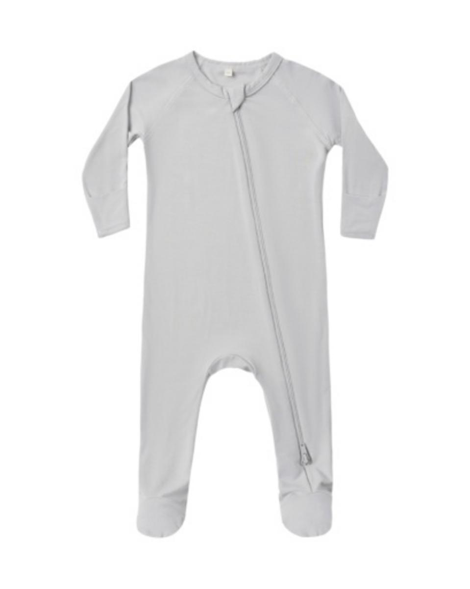 Light grey long sleeve baby footie sleeper with diagonal front zipper