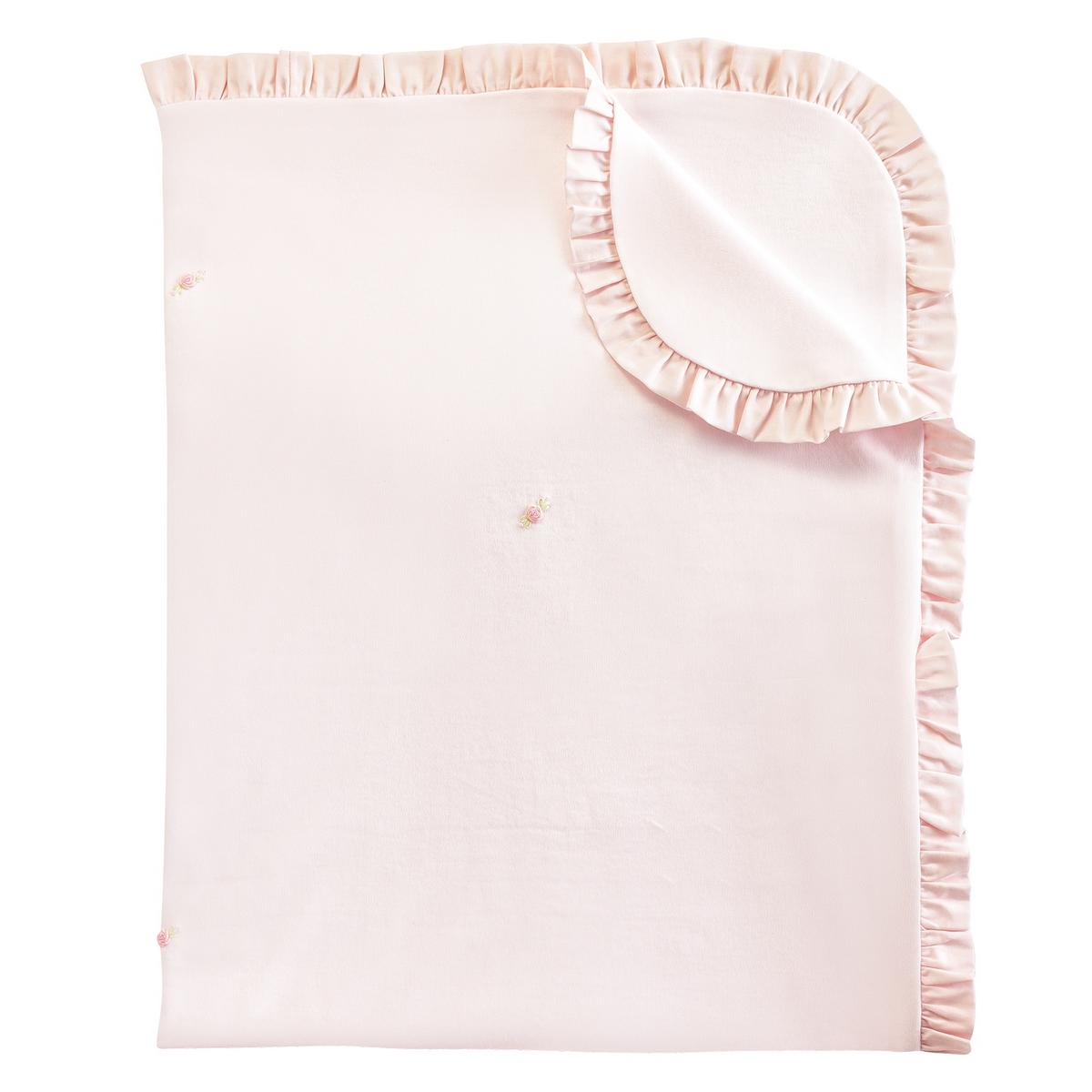 Baby Club Chic pink baby blanket with ruffled trim and small embroidered rose accents