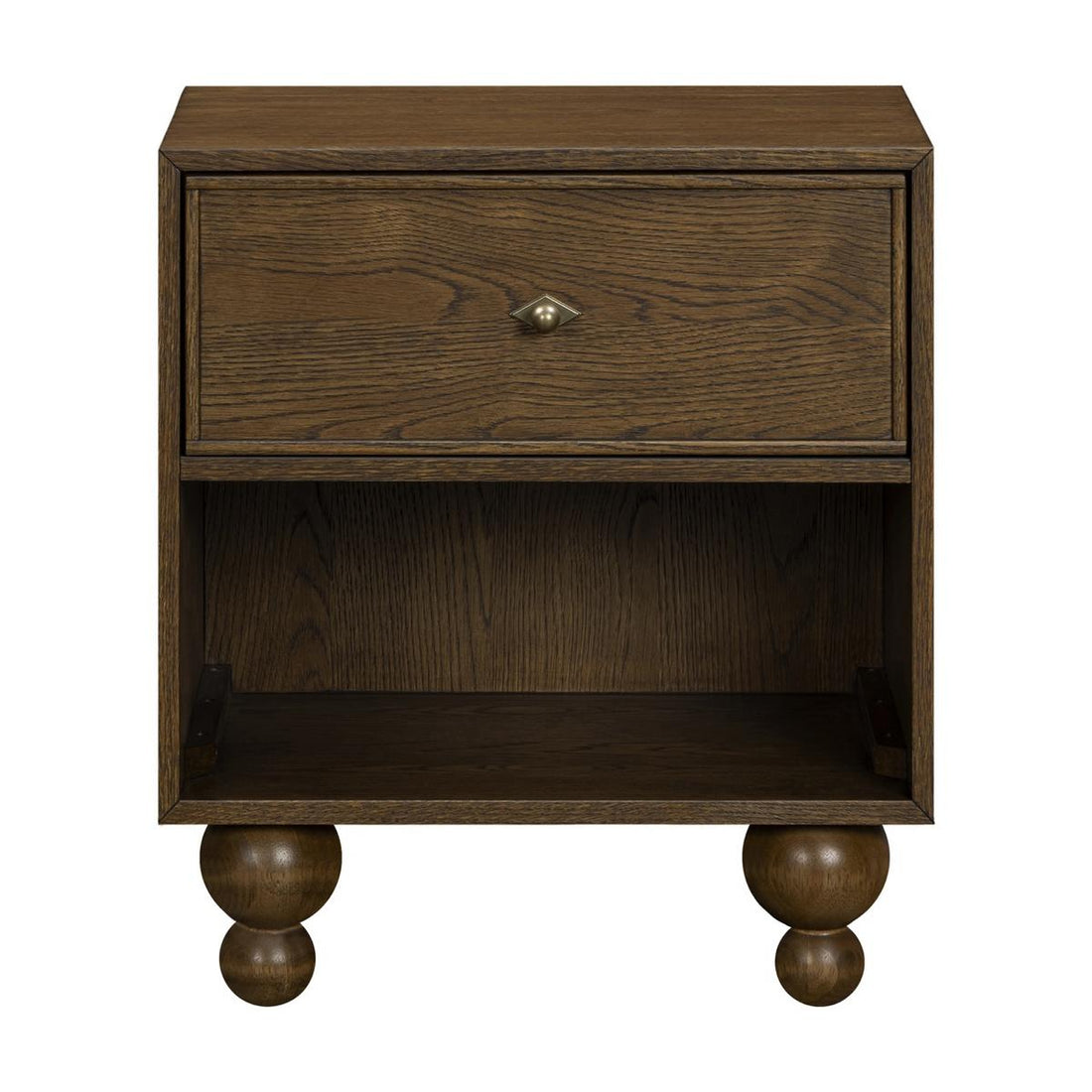 Babyletto dark wood nightstand with one drawer and open shelf on rounded feet