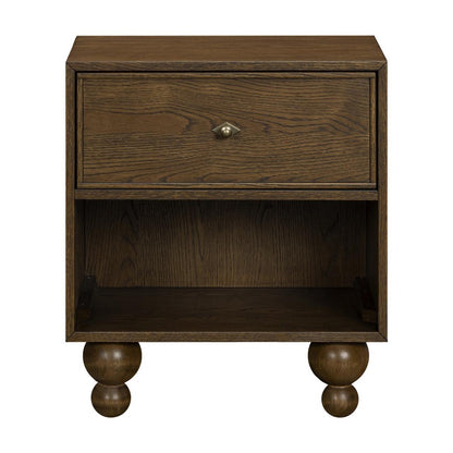 Babyletto dark wood nightstand with one drawer and open shelf on rounded feet