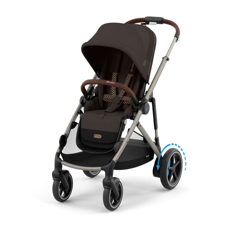 Cybex brown stroller with four wheels and a blue rotation arrow on the rear wheel
