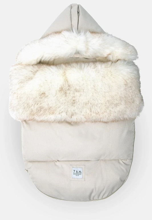 7 A.M. Enfant Plushpod Footmuff - Tundra Heather Beige / White Faux Fur (0-18m)