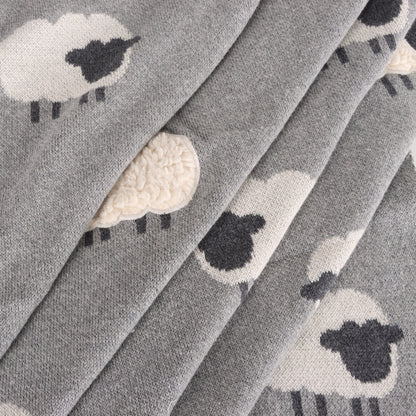 Viverano Organics Grey Woolly Lamb - 3D Jacquard Sweater Knit Baby Blanket (Organic Cotton) - Grey Heather, One Size