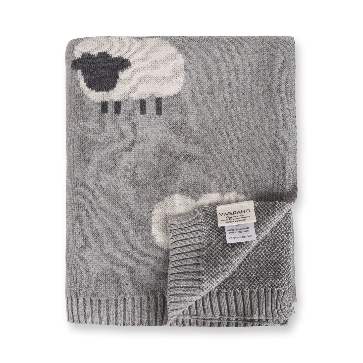 Viverano Organics Grey Woolly Lamb - 3D Jacquard Sweater Knit Baby Blanket (Organic Cotton) - Grey Heather, One Size