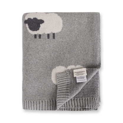 Viverano Organics Grey Woolly Lamb - 3D Jacquard Sweater Knit Baby Blanket (Organic Cotton) - Grey Heather, One Size