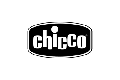 The image shows the Chicco logo in black, against a solid green background. The brand name is in a bold sans-serif font, inside a black border.