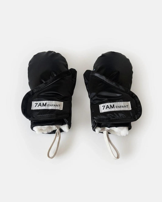 7AM Enfant Mittens Ushuaia - Black Liquid Shine / Arctic White Faux Fur, 2-4T