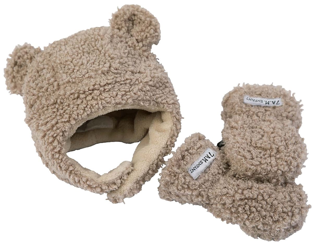 7 A.M. Enfant The Cub Mitten & Hat Set - Teddy - Oatmeal Teddy (0-6m) - MTCH901-TEDO