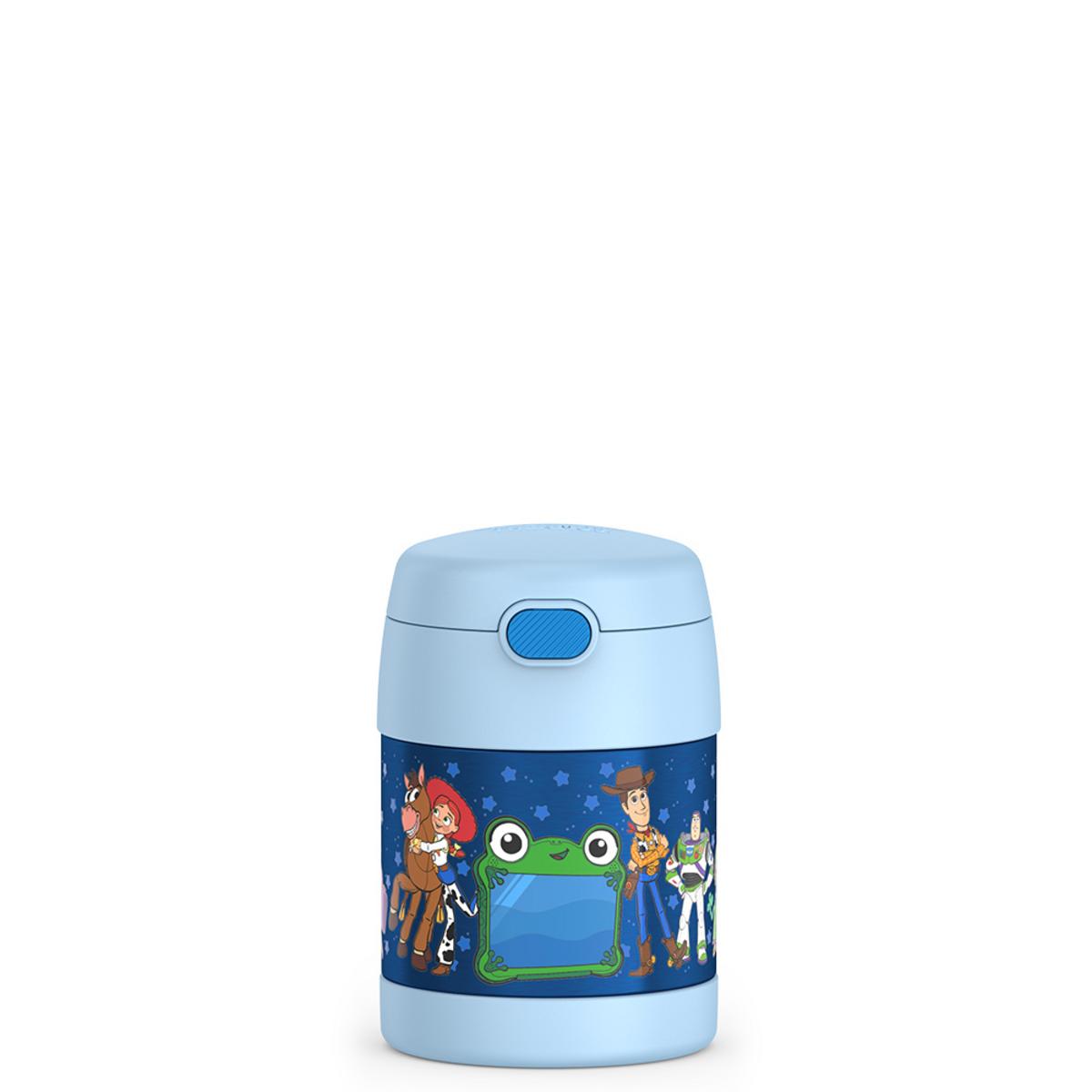 Thermos food jar featuring Toy Story characters on a blue background