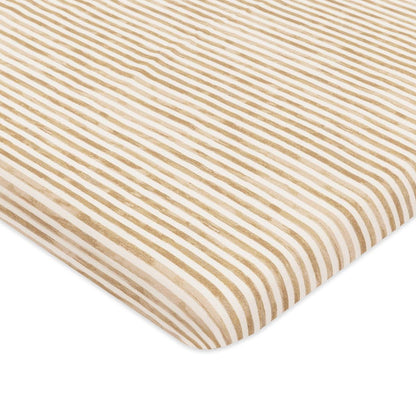 Babyletto crib sheet with tan and white horizontal stripes