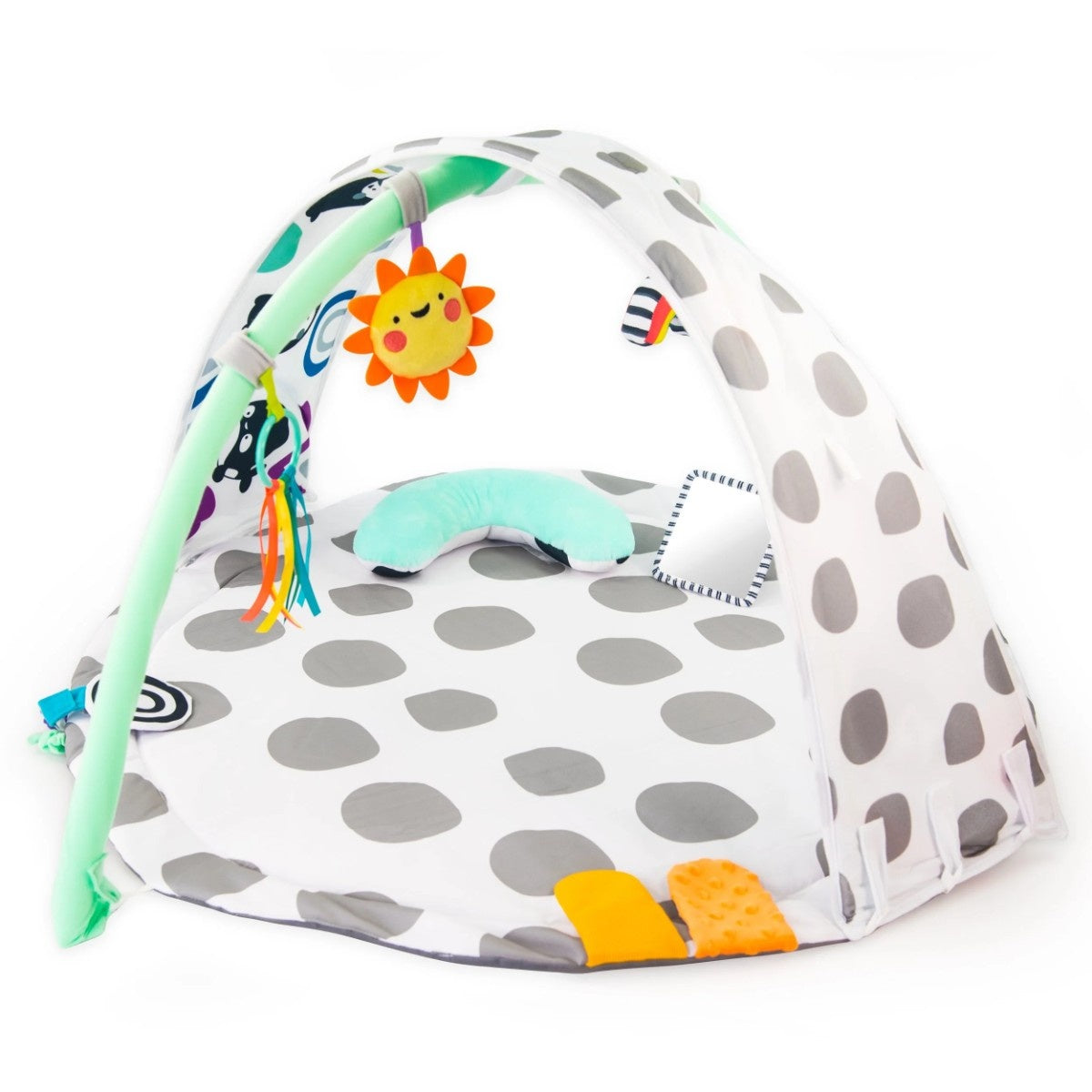 Sassy 3-in-1 Sensory Milestone Play Gym with crossed arches and toys