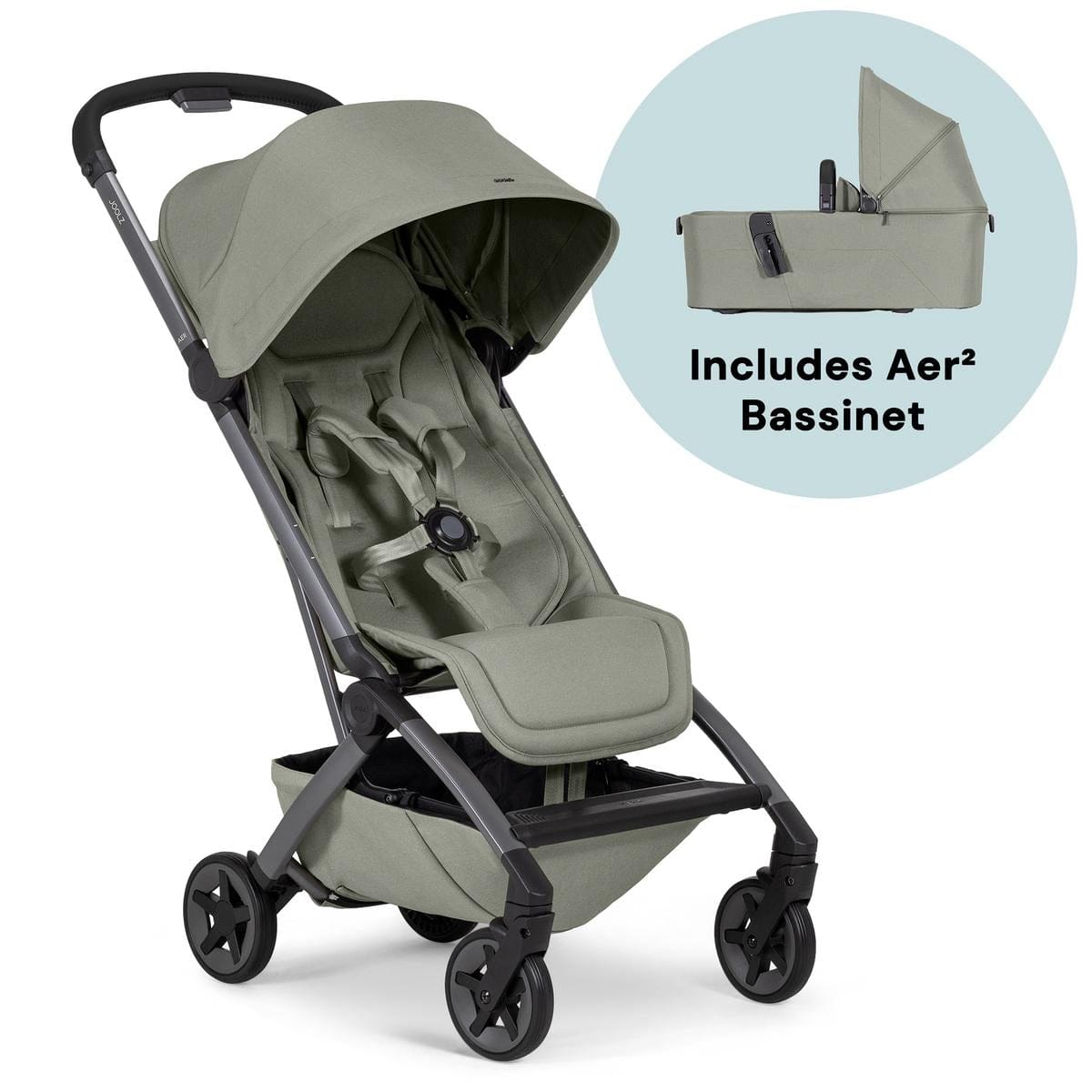 Joolz Aer2 Lightweight Compact Stroller + Bassinet Bundle - Sage Green - 440202-440252