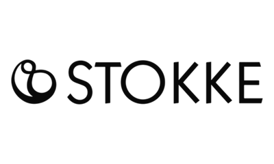 Black "STOKKE" logo, with a unique symbol resembling nested circles on the left, against a muted green background.