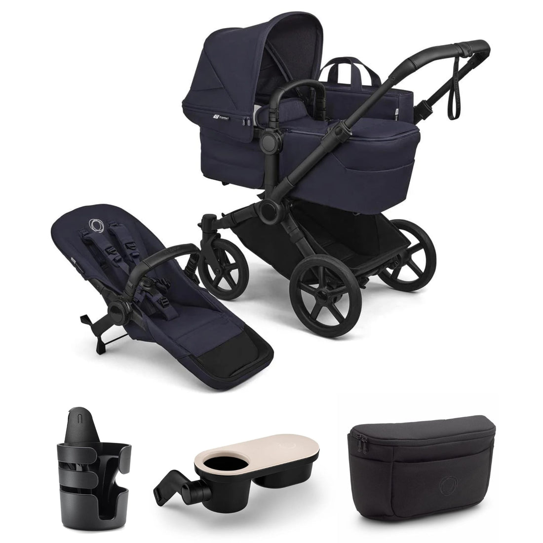 Bugaboo Donkey 6 Complete Single-to-Double Stroller + Essential Accessories Bundle - Black / Deep Indigo / Deep Indigo