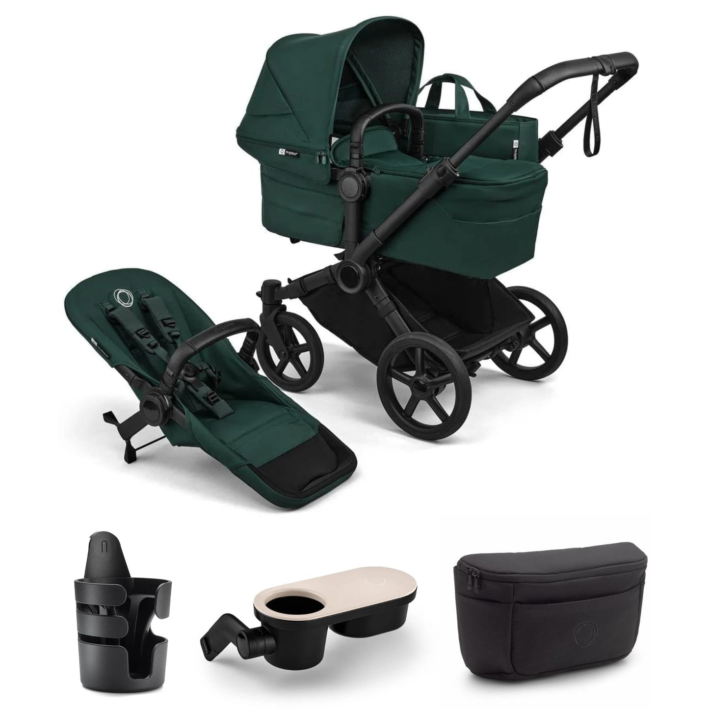 Bugaboo Donkey 6 Complete Single-to-Double Stroller + Essential Accessories Bundle - Black / Fern Green / Fern Green