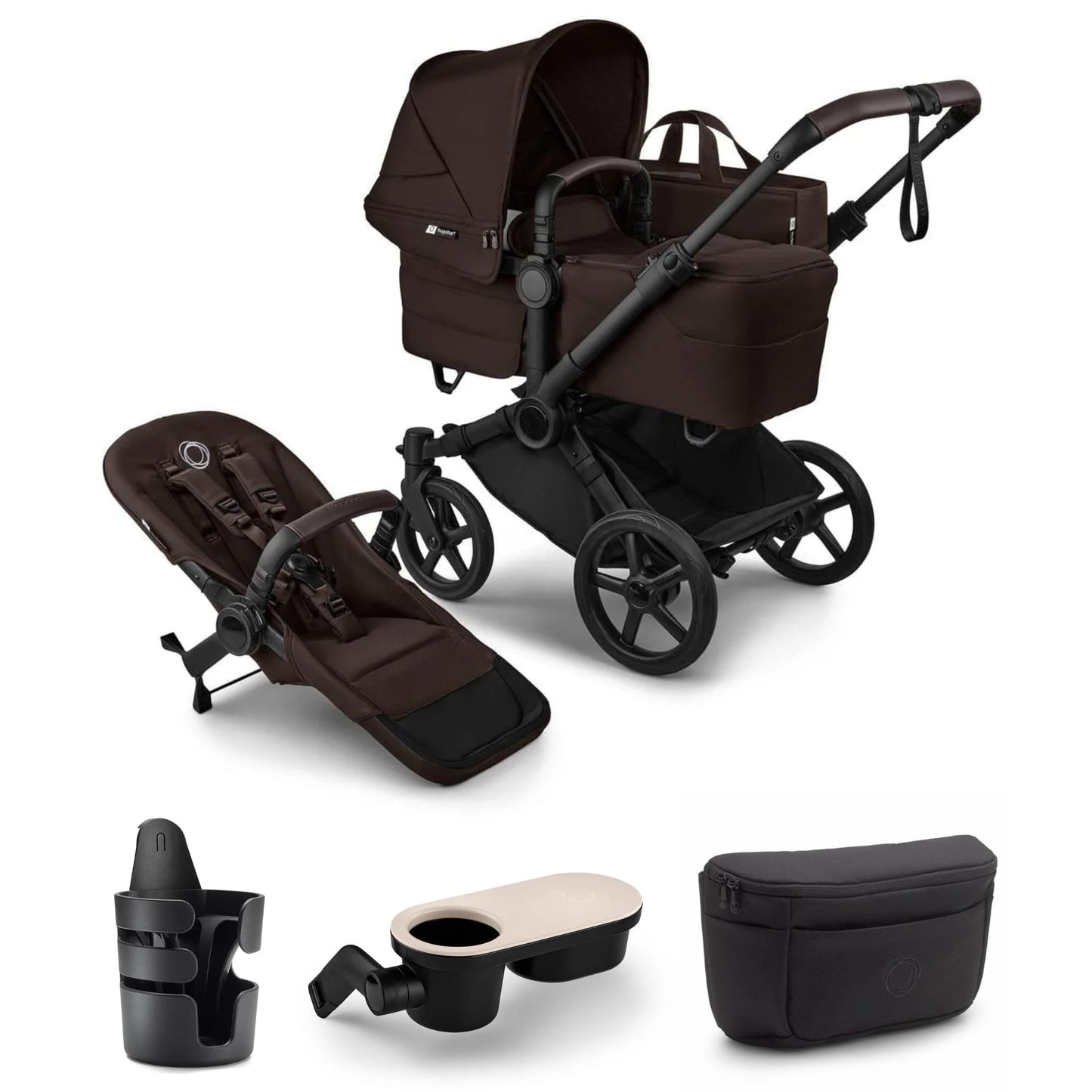 Bugaboo Donkey 6 Complete Single-to-Double Stroller + Essential Accessories Bundle - Black / Cocoa Brown / Cocoa Brown