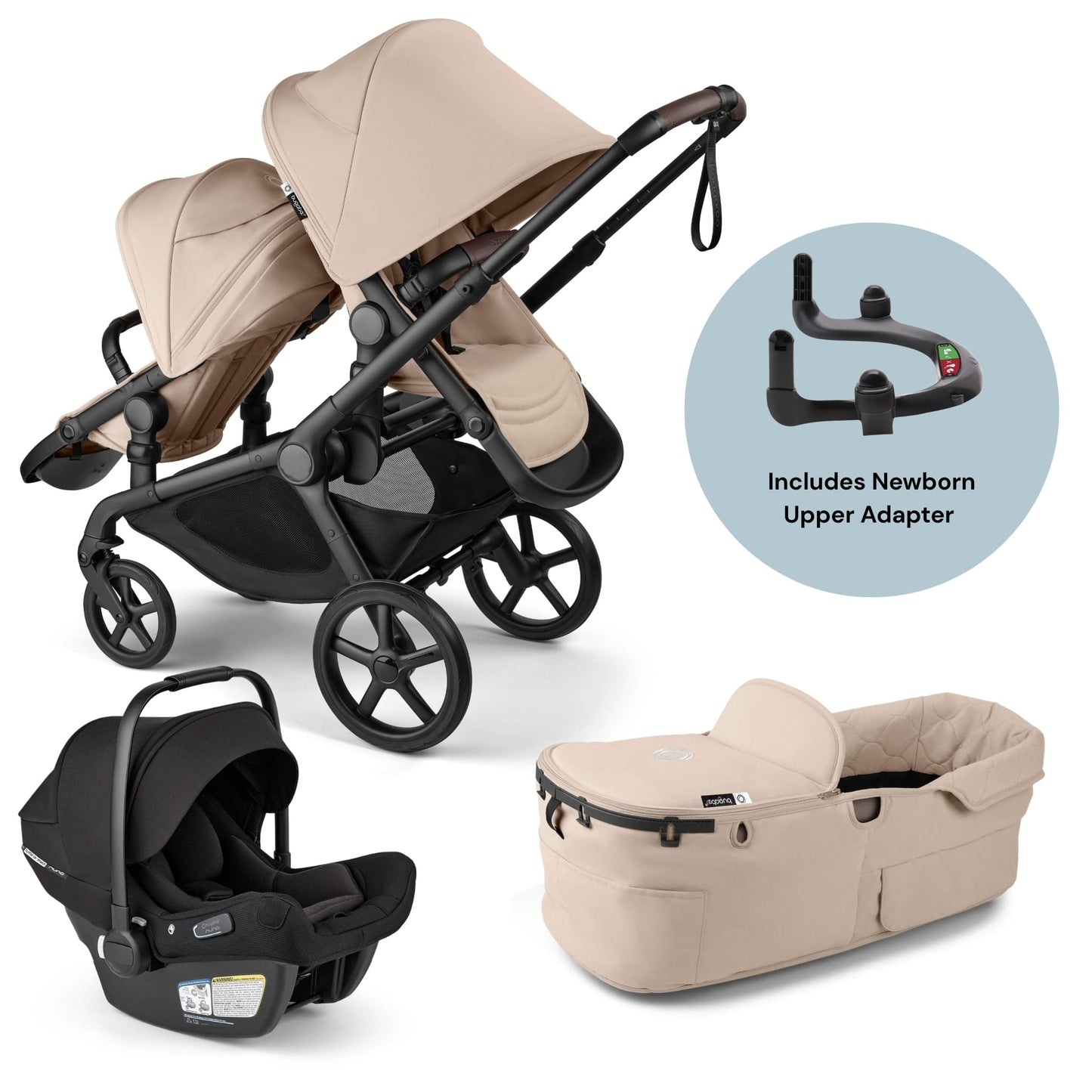 Bugaboo Kangaroo Complete All-Position Double + Turtle Air Shield Travel System Bundle - Desert Taupe