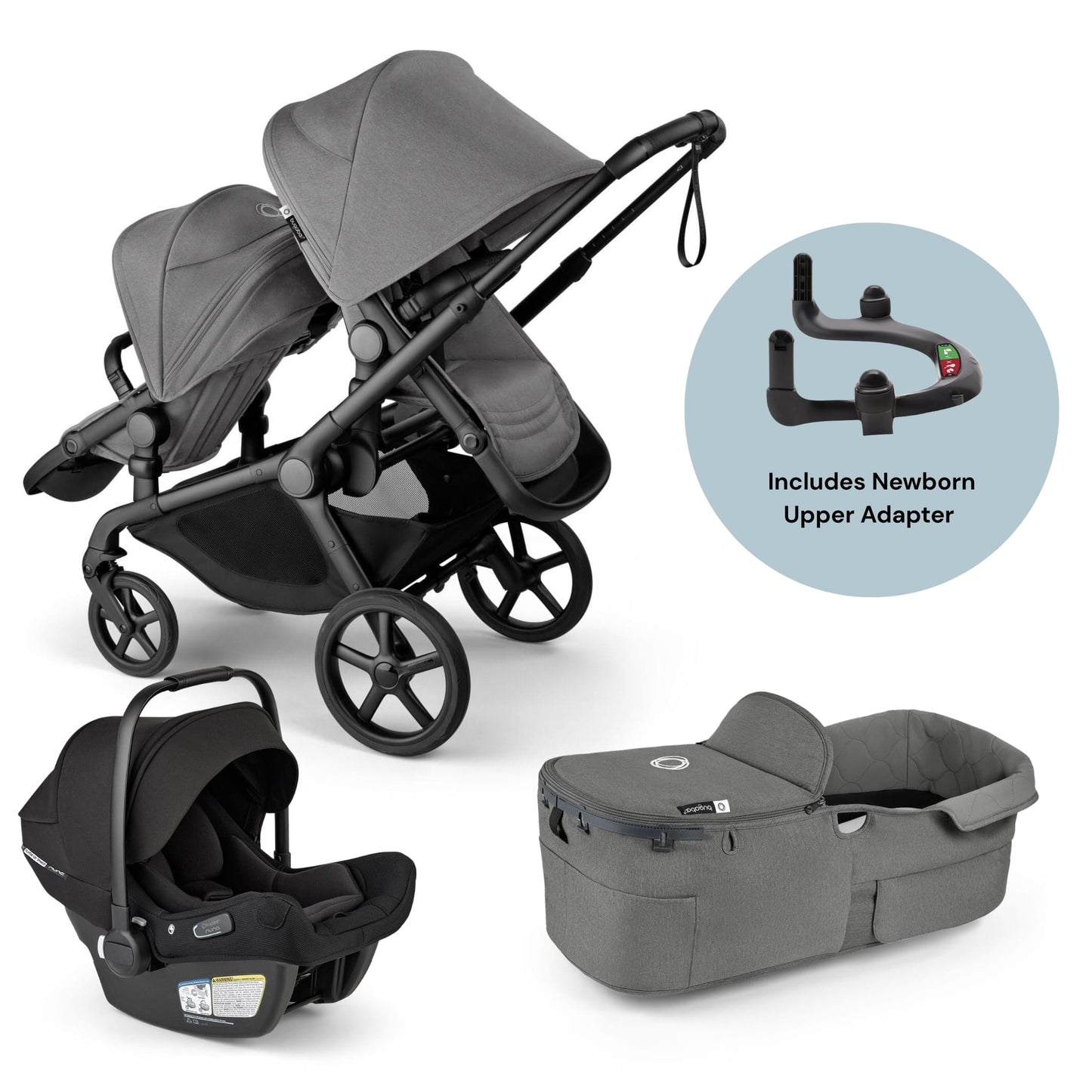 Bugaboo Kangaroo Complete All-Position Double + Turtle Air Shield Travel System Bundle - Moon Grey
