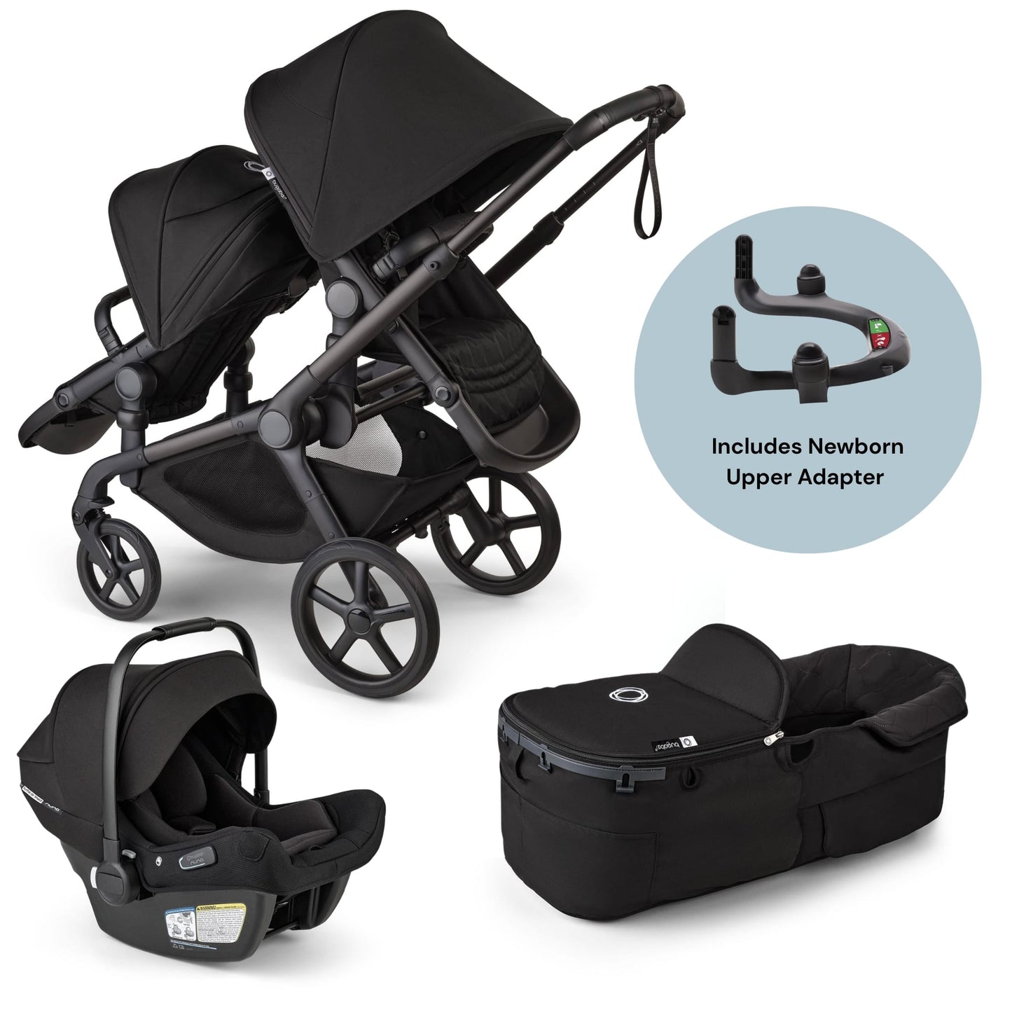 Bugaboo Kangaroo Complete All-Position Double + Turtle Air Shield Travel System Bundle - Midnight Black