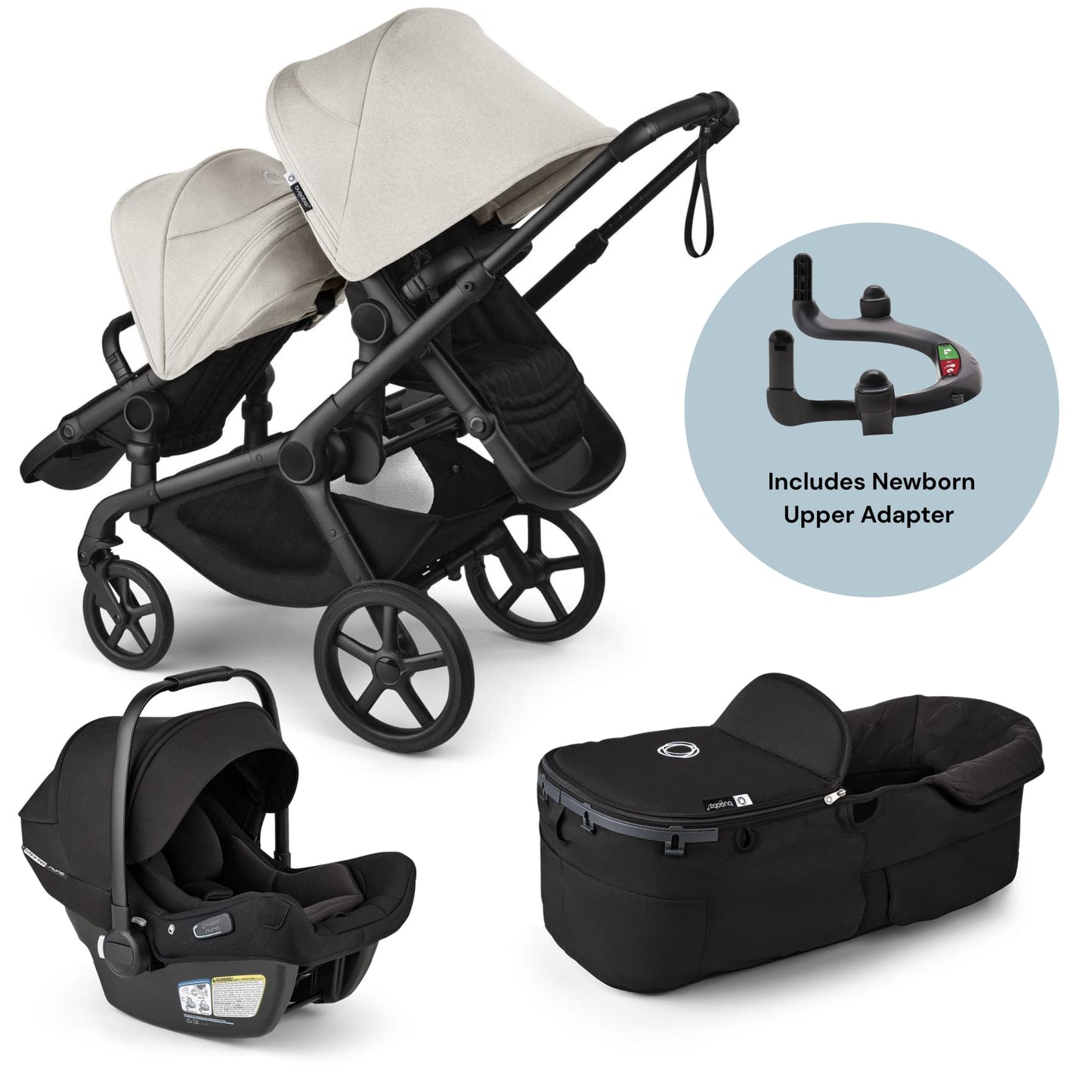Bugaboo Kangaroo Complete All-Position Double + Turtle Air Shield Travel System Bundle - Misty White