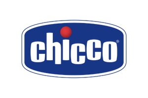 The Chicco logo displays in bold blue, set inside a rounded rectangle. A red dot sits above the "i" in the name. The background is solid green.

