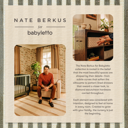 Nate Berkus sitting in a nursery chair next to a Babyletto crib with collection details