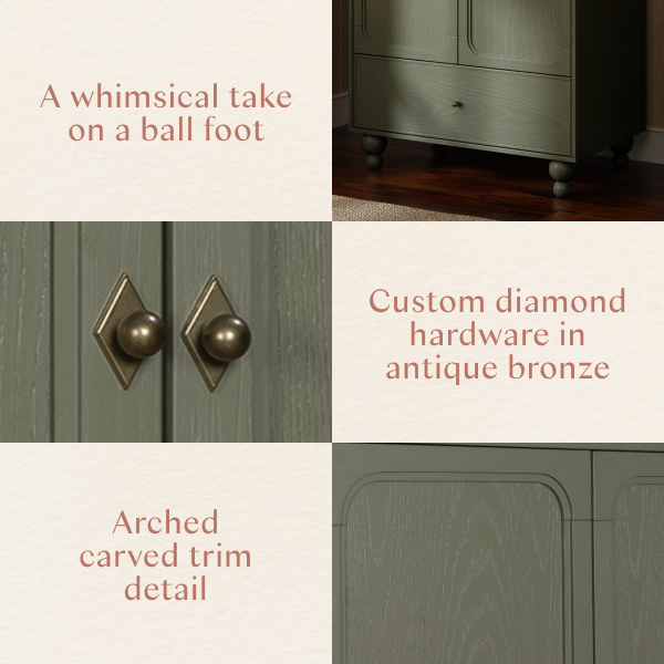 Babyletto furniture details showing ball feet, diamond antique bronze hardware, and arched carved trim