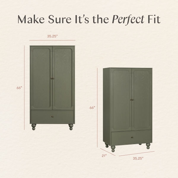 Babyletto wardrobe dimension diagram showing 35.25 inch width 66 inch height and 21 inch depth