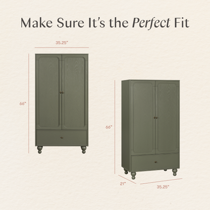 Babyletto wardrobe dimension diagram showing 35.25 inch width 66 inch height and 21 inch depth