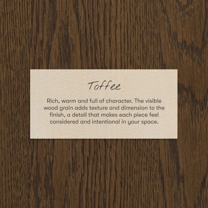 Babyletto Toffee wood grain finish sample with descriptive text