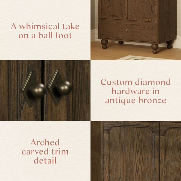 Babyletto furniture details showing ball feet, antique bronze diamond hardware, and arched carved trim