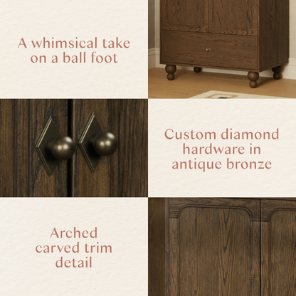 Babyletto furniture details showing ball feet, antique bronze diamond hardware, and arched carved trim