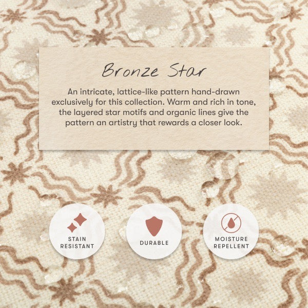 Babyletto Bronze Star fabric pattern with stain resistant durable and moisture repellent icons
