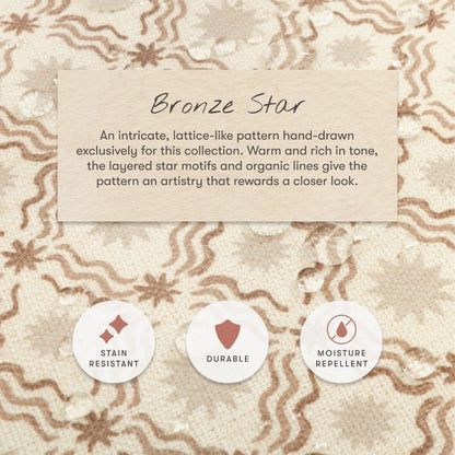 Babyletto Bronze Star fabric pattern with stain resistant durable and moisture repellent icons