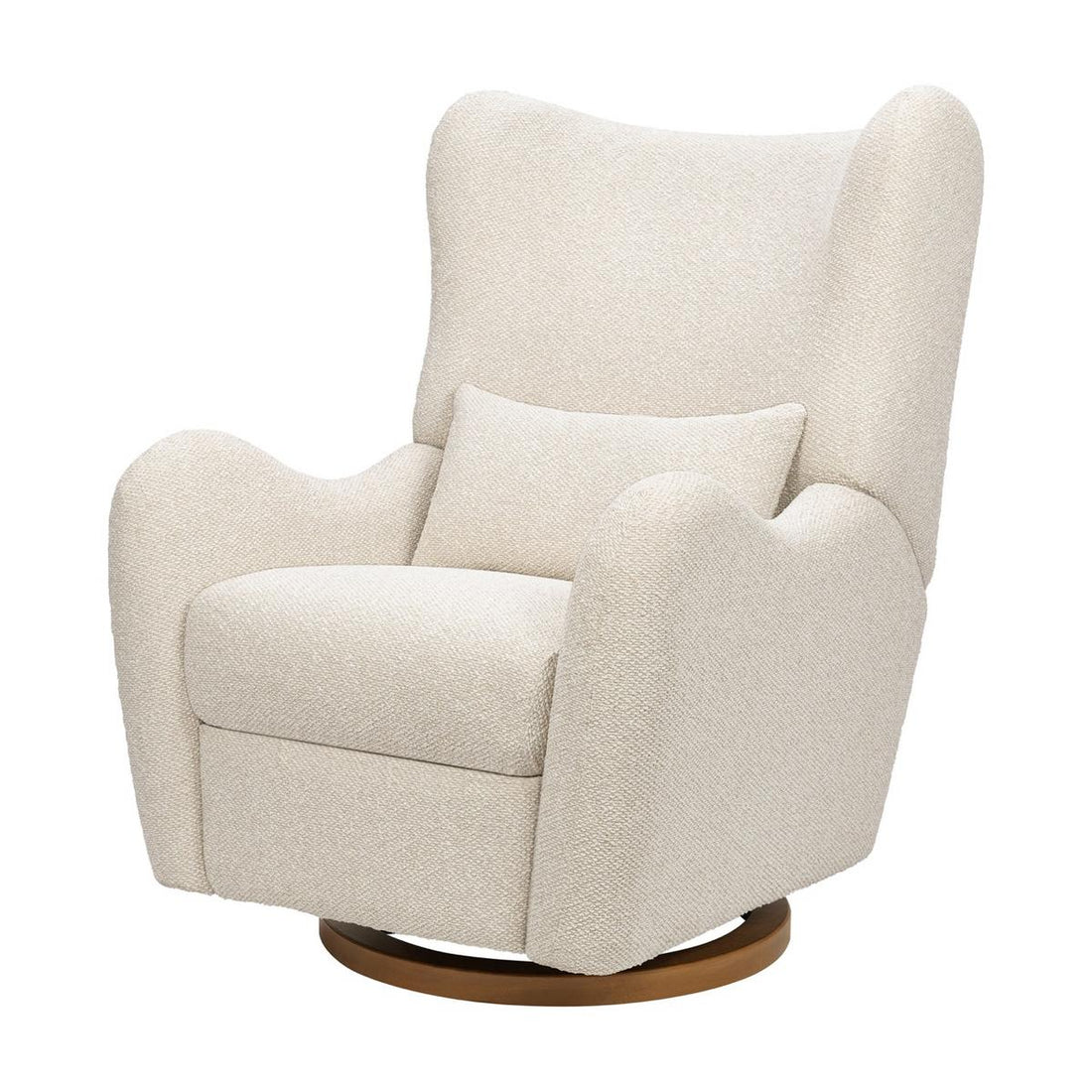Babyletto cream textured swivel glider chair with lumbar pillow on a wooden base