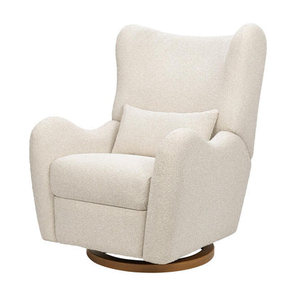 Babyletto cream textured swivel glider chair with lumbar pillow on a wooden base